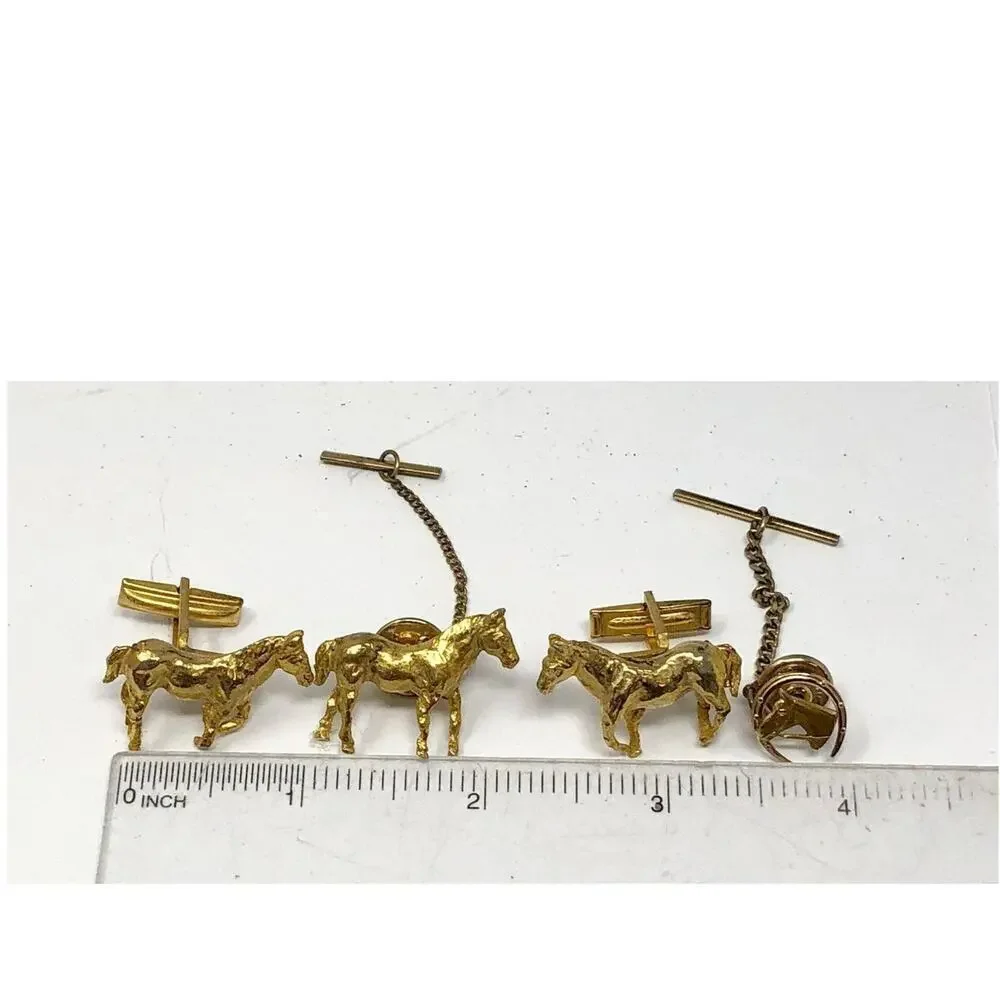 Vintage Equestrian Horse Cufflinks & Tie Pin Set by Hickok USA